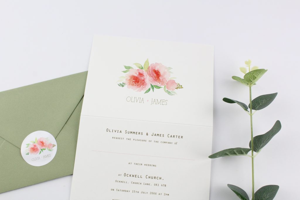 Floral Watercolour invitation, available in 4 folded style or as an A5 postcard