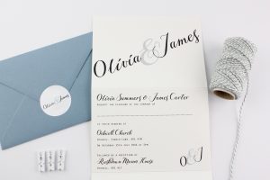 A wedding invitation in a concertina style with a calligraphy style font. 